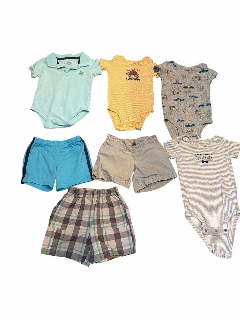 12M Baby Boy Spring & Summer Bundle Polo Bodysuit, Plaid Shorts, & Animal Prints